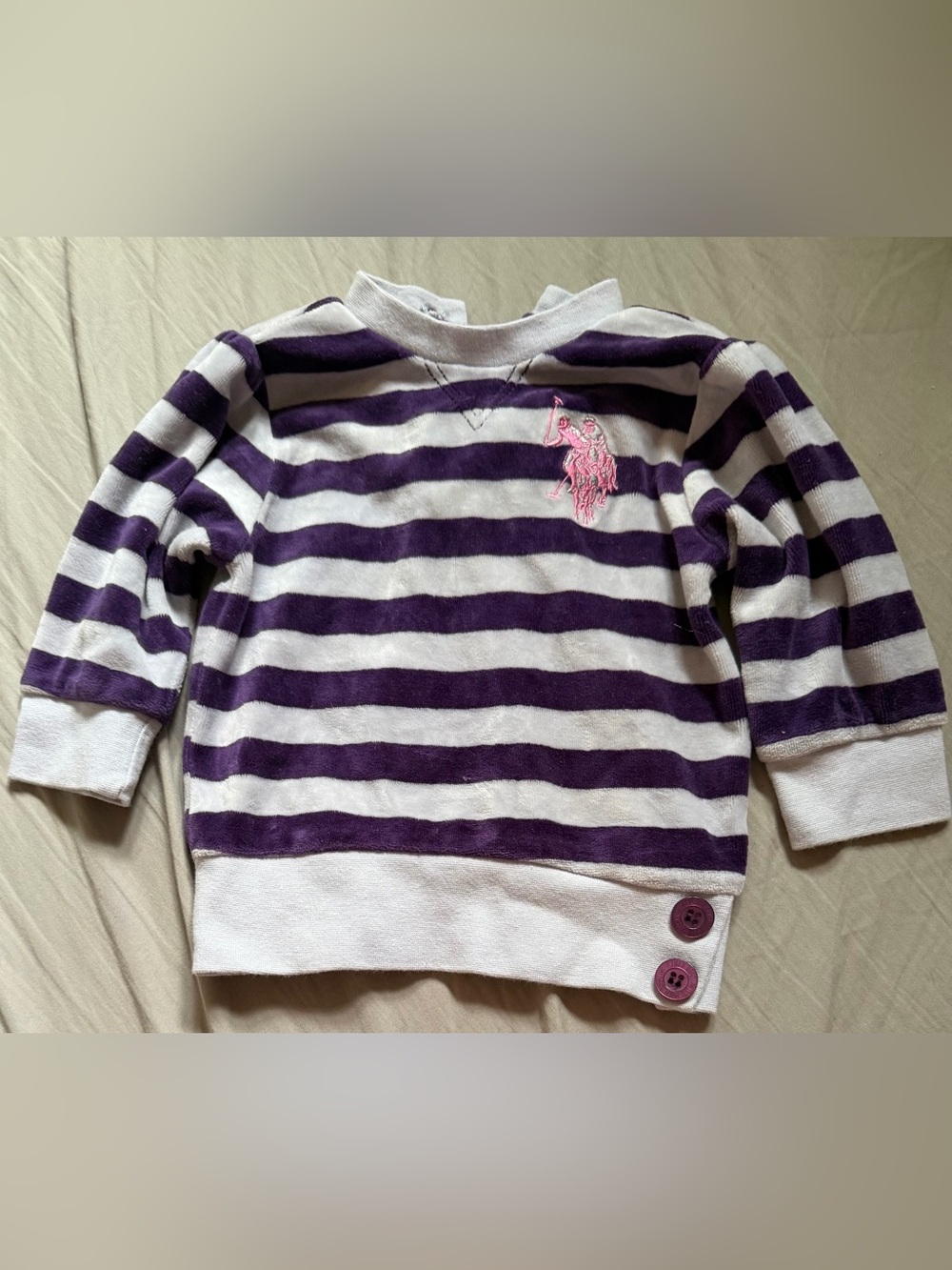 Kids Purple & gray Stripe Long-Sleeve Velour Top with Pink Logo